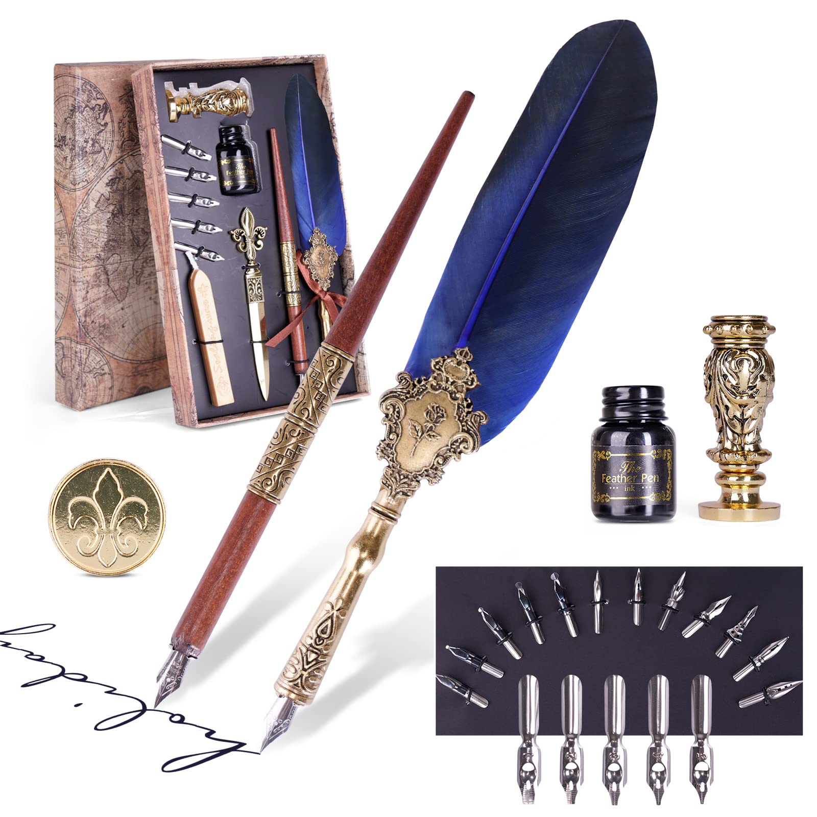 AOMAYLL Quill Pen Ink Set, Calligraphy Pen Ink Set with 17 Replacement Nib, Fountain Dip Pen Stationery Gift for Beginners