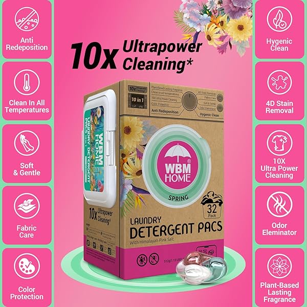 WBM HOME LAUNDRY DETERGENT PODS, SPRING FRAGRANCE SCENT, 32 COUNT – HE CONCENTRATED LAUNDRY PODS WITH 10X ULTRA POWER CLEANING AND 4D LAUNDRY STAIN REMOVER