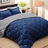HIG 3pc Navy King Size Comforter Set -All Season Reversible Down Alternative Comforter with Two Shams -Quilted Duvet Insert with Corner Tabs - Diamond Stitched Blanket - Breathable, Soft, Fluffy