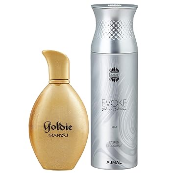 Maryaj Goldie Eau De Parfum Fruity Floral Perfume 100ml for Women and Ajmal Evoke Silver Edition Him Deodorant Spicy Floral Fragrance 200ml for Men + 2 Parfum Testers FREE