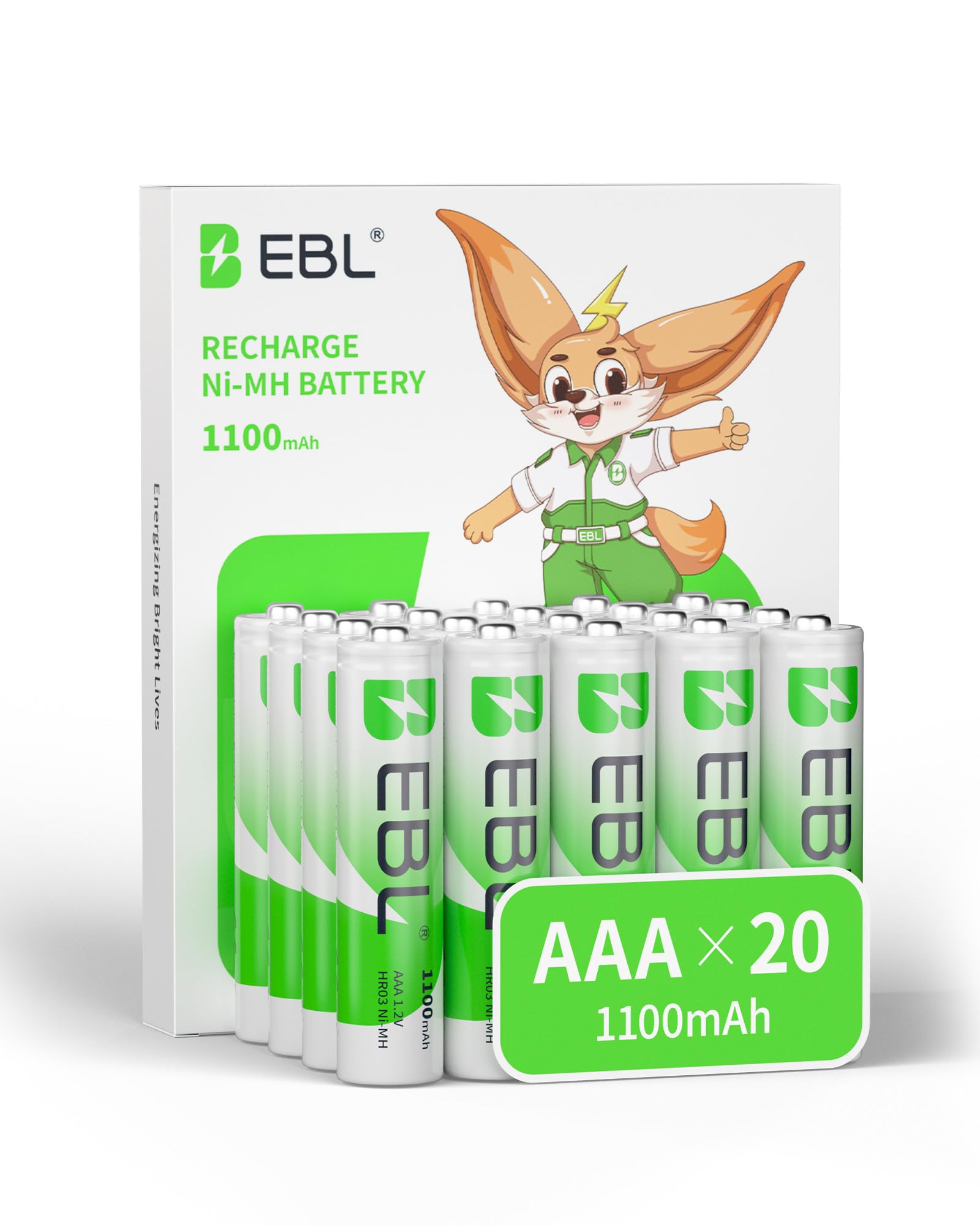 EBL AAA Rechargeable Batteries Ni-MH 1100mAh - High Capacity AAA Battery x 20 and Rechargeable Battery Storage Case x 1 (New Packaging, Images Coming Soon)