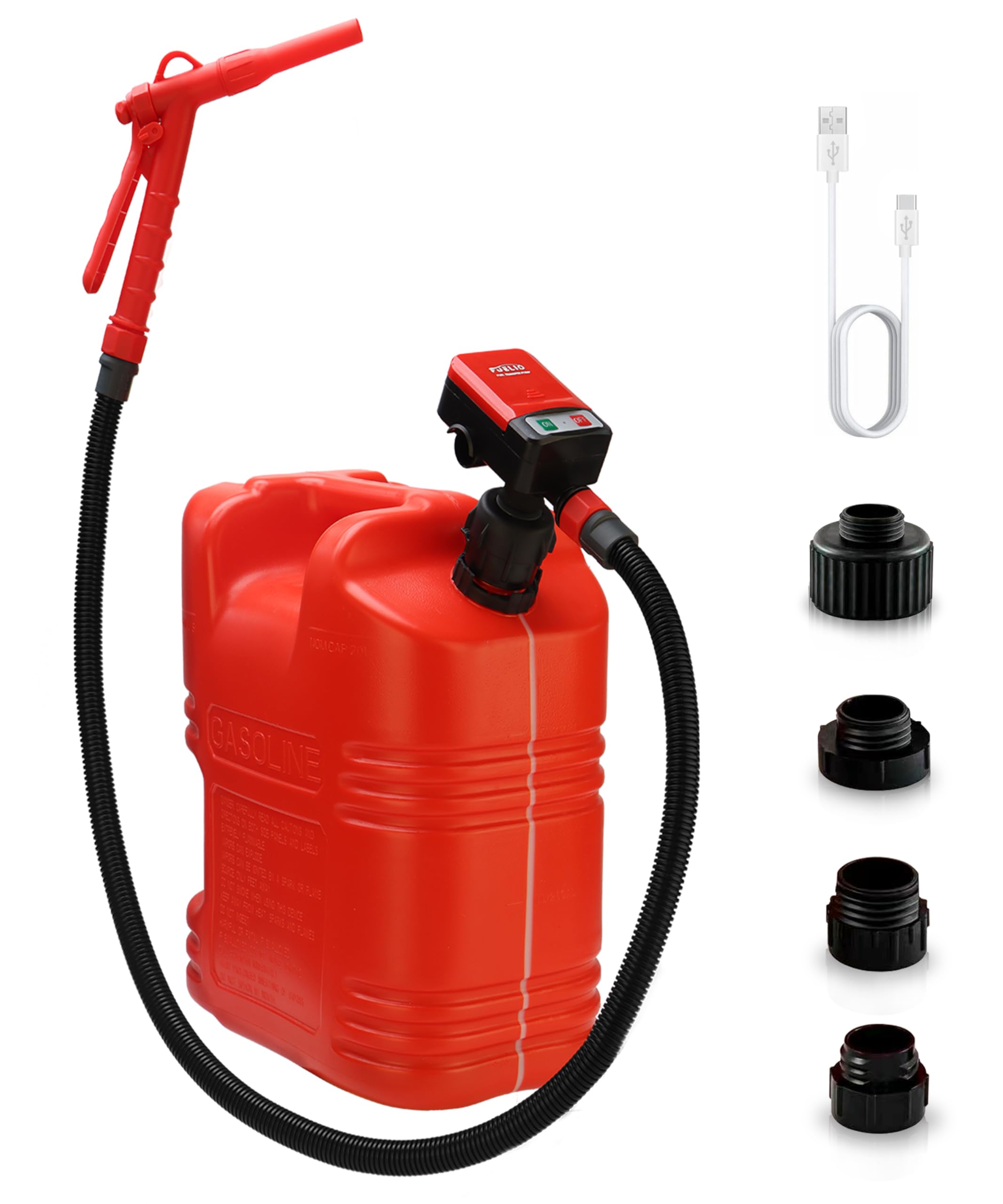 Photo 1 of FUELIO Gas Can Pump - AA Battery Powered Fuel Transfer Pump with Auto Shut Off Nozzle, Fix Clip, Extra Long Hose, 3 Adapters, Gas Pump Ideal For Gasoline, Diesel, Kerosene Transfer
