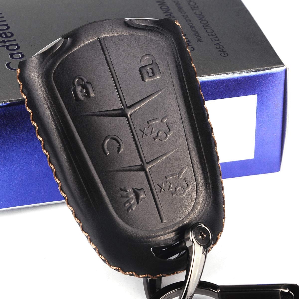 Cadtealir Calfskin Genuine Leather 2015-2018 Cadillac Escalade Remote Key fob Cover Leather Cadillac Escalade Key fob case Holder only for 6 Buttons Black Color