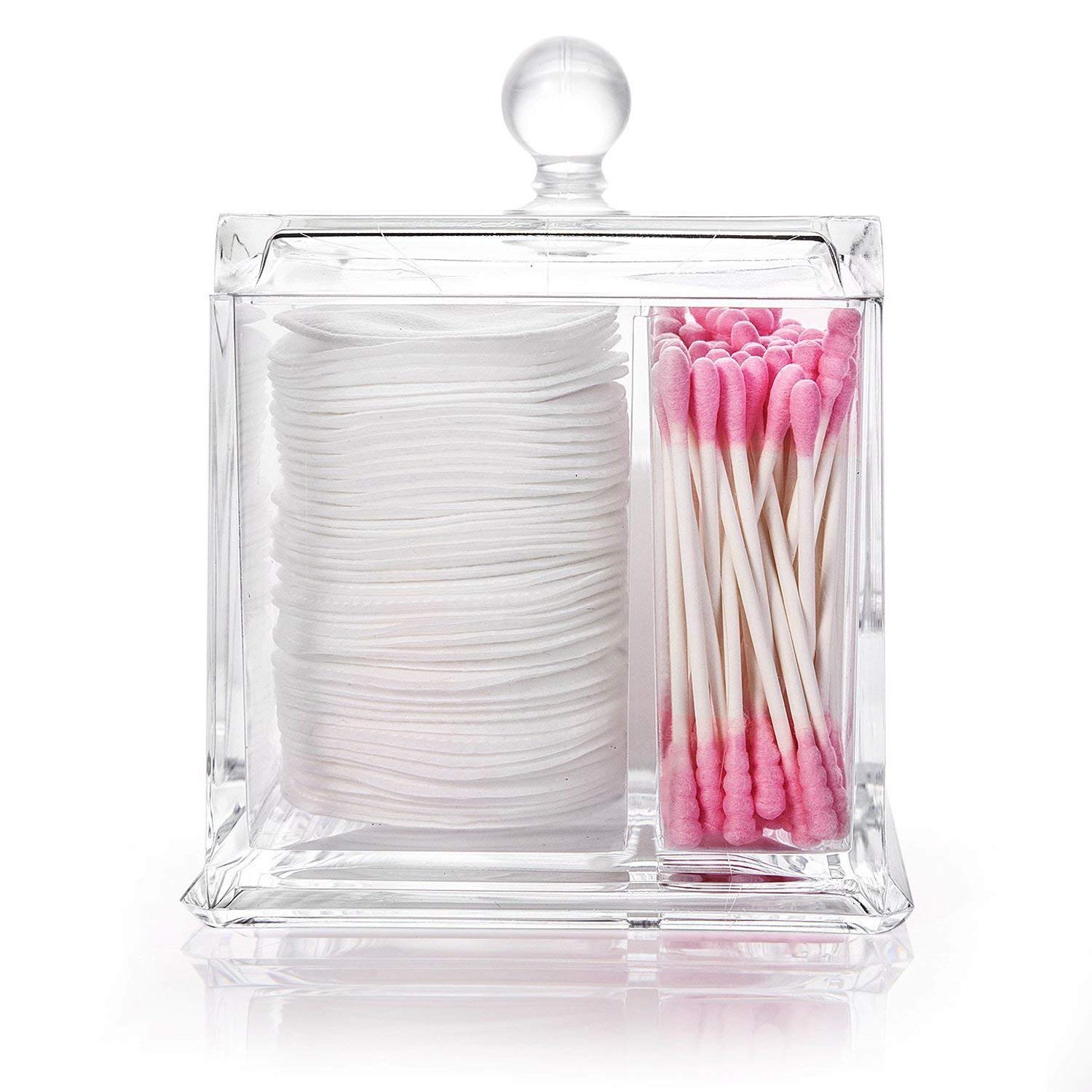 Nevsetpo Makeup Organizer Cotton Pads Holder Organizer Cosmetics Makeup Cotton Swab Holder Dispenser with 4 Sections Up to 100pcs Makeup Cotton Swabs