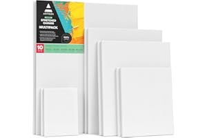 ARTEZA Stretched Canvas, 5 x 7, 8 x 10, 11 x 14, 12 x 16, 16 x 20 Inches, Multipack of 10, Blank White Canvas for Acrylic, Oil and Gouache Painting