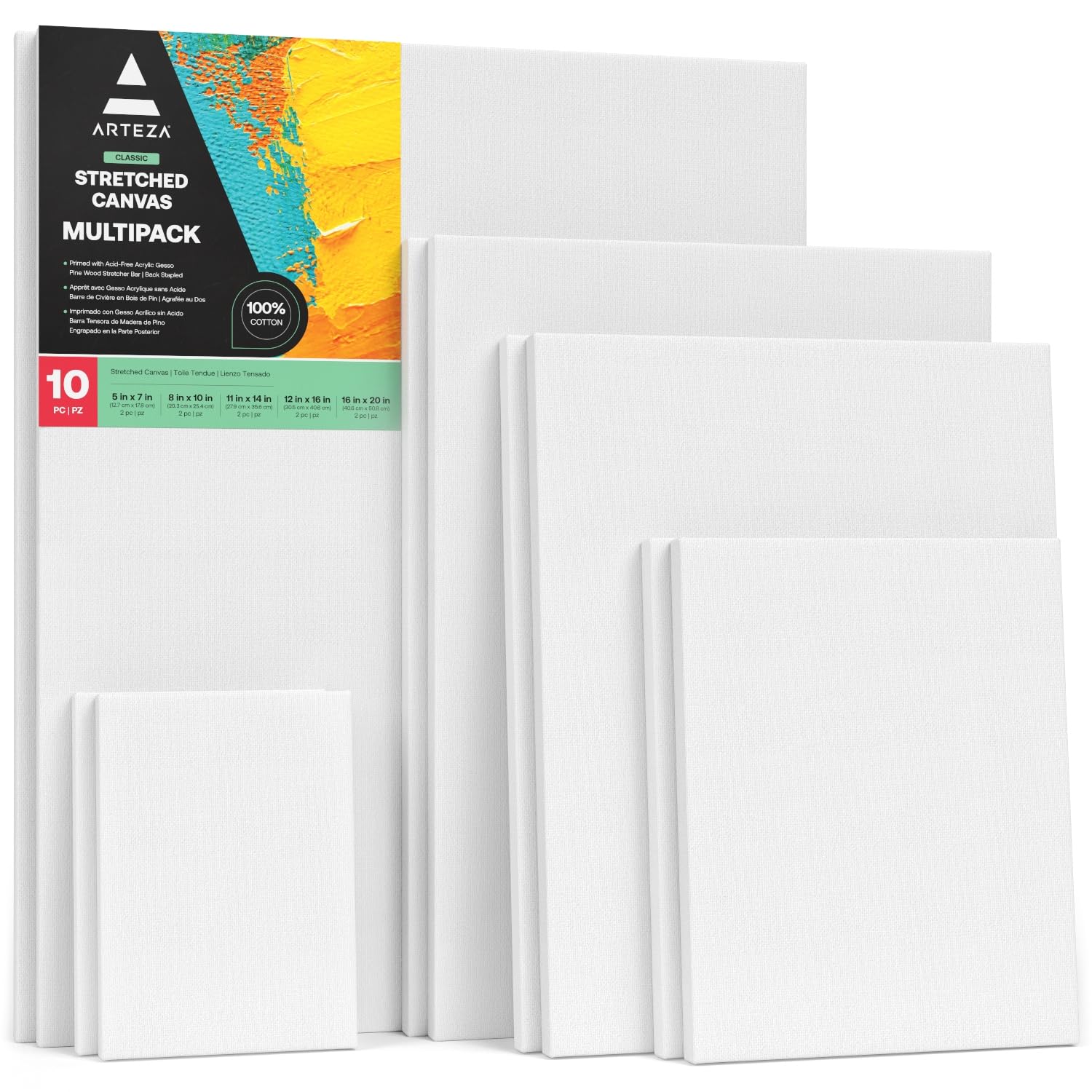 ARTEZA Stretched Canvas, 5 x 7, 8 x 10, 11 x 14, 12 x 16, 16 x 20 Inches, Multipack of 10, Blank White Canvas for Acrylic, Oil and Gouache Painting Image ARTEZA Stretched Canvas, 5 x 7, 8 x 10, 11 x 14, 12 x 16, 16 x 20 Inches, Multipack of 10, Blank White Canvas for Acrylic, Oil and Gouache Painting Image