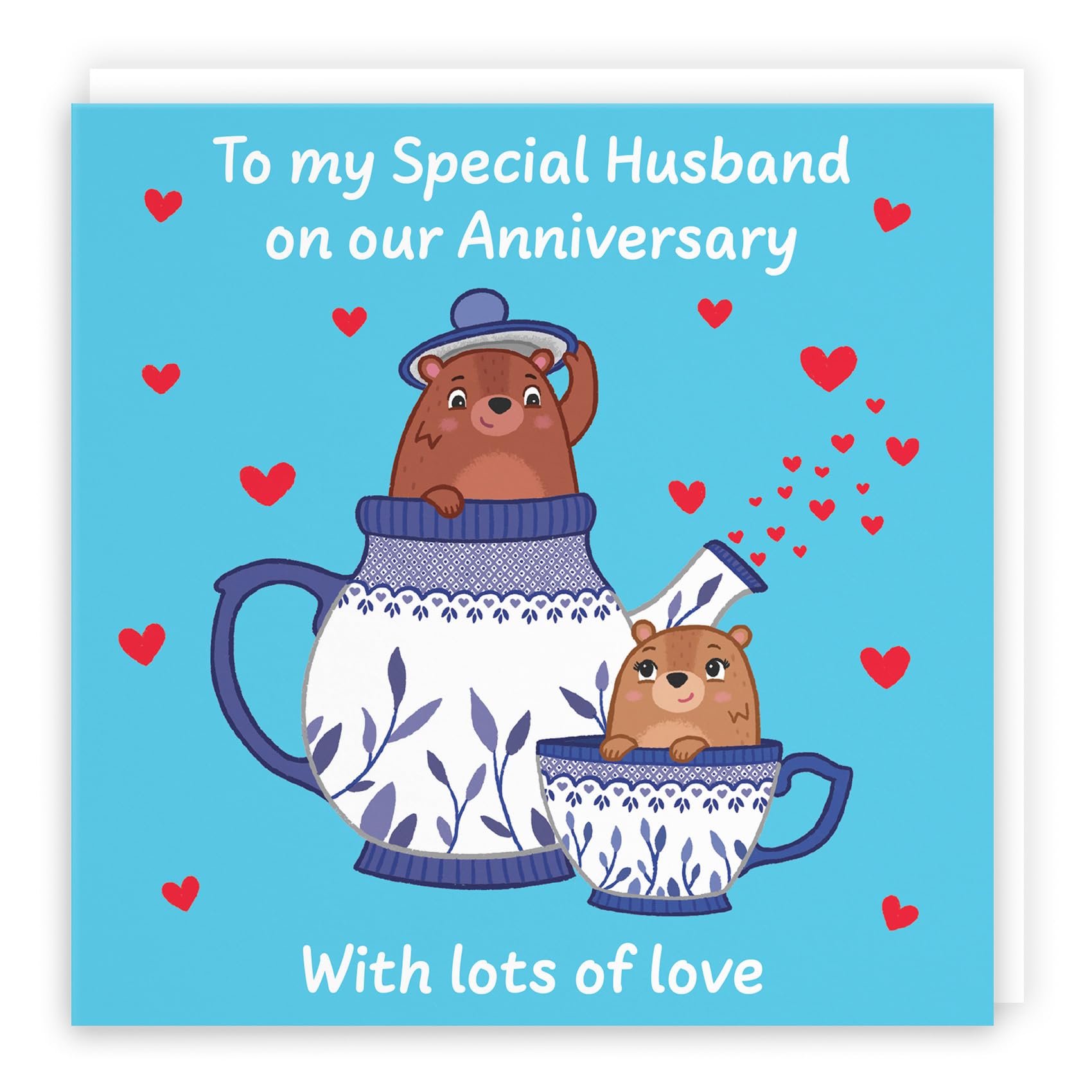 Hunts England - Cute Teapot Husband Anniversary Card - Fun Bears Anniversary Card - Love Story Collection