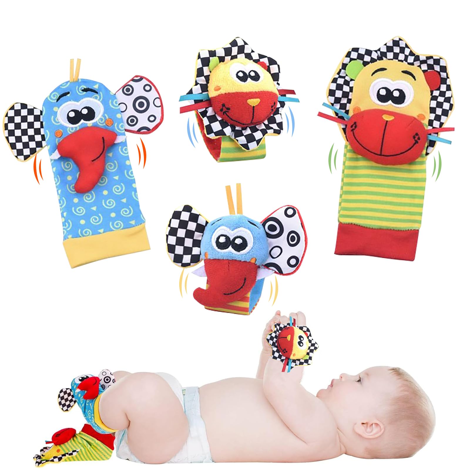 Wrist Rattles Socks and Foot Finder Baby Toy, Pack of 4 Baby Toy, Educational Toy for Newborn Boys and Girls, 0-12 Months, Baby Gifts for Baby Shower, Baby Birthday