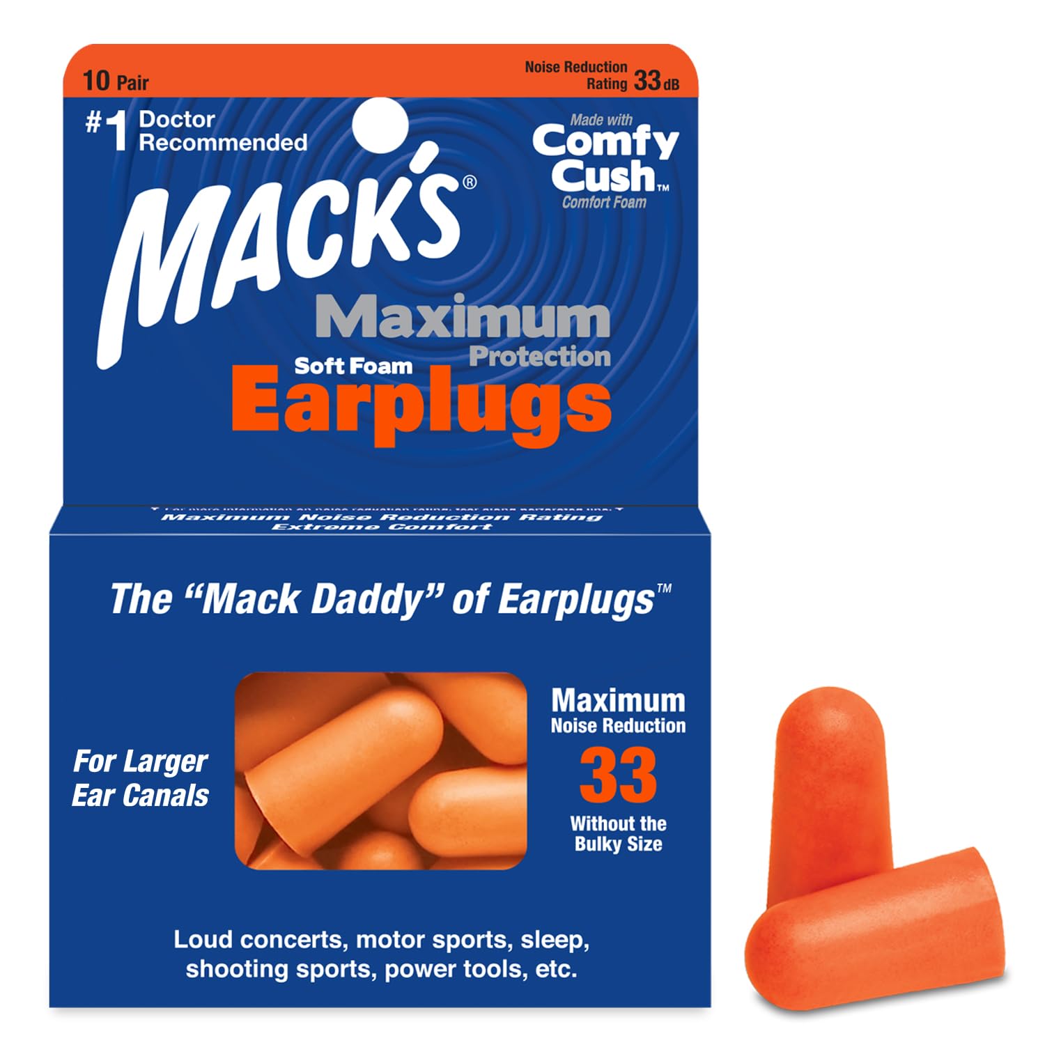 Mack’s Maximum Protection Soft Foam Earplugs - 10 Pair, 33 dB NRR - Comfortable for Sleeping, Snoring, Concerts, Motorcycles, and Power Tools | Made in USA