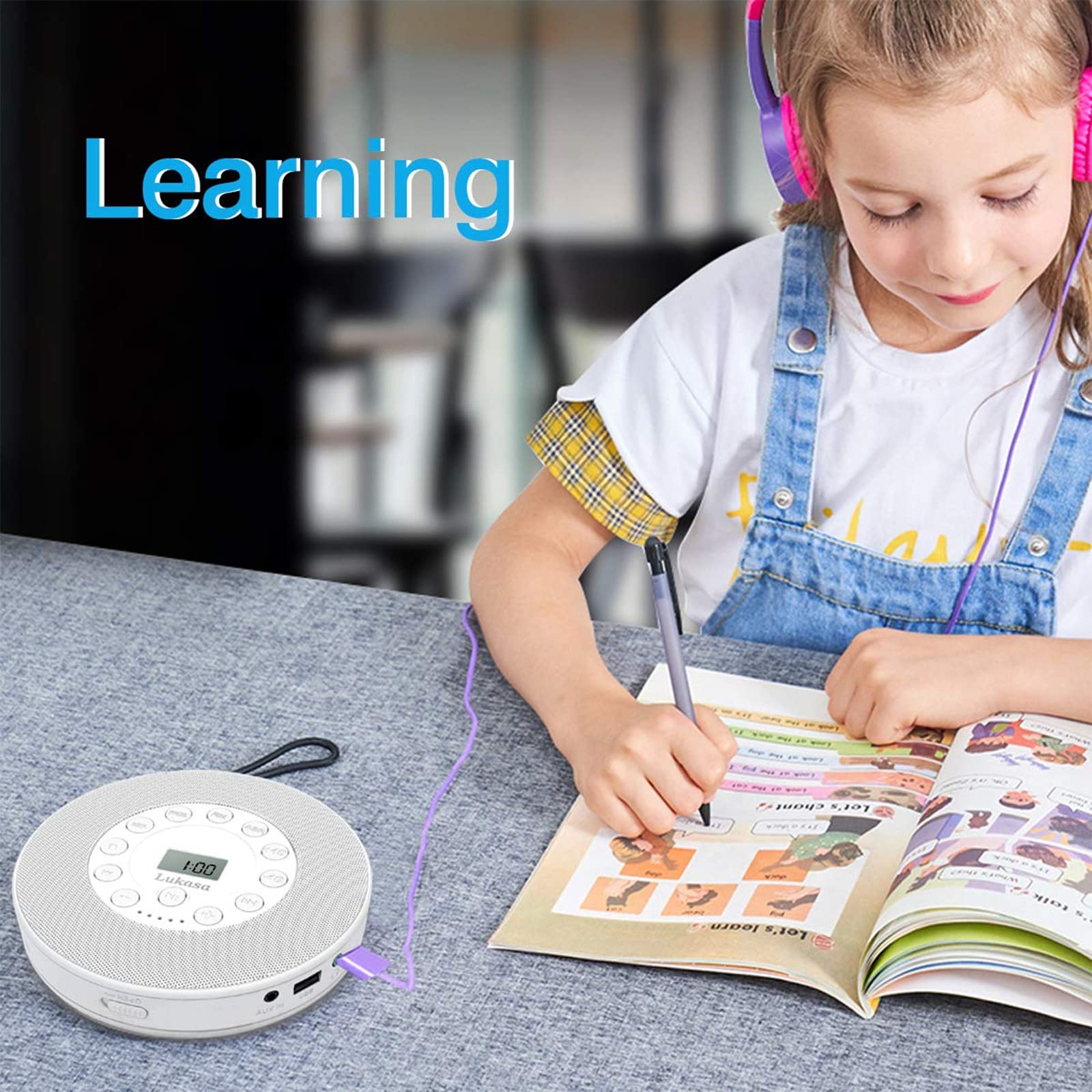 Lukasa Portable Bluetooth CD Player Built-in Speaker Stereo, Personal Walkman MP3 Players Rechargeable Compact Car Disc CD Music Player USB Play Anti-Shock Protection (White)