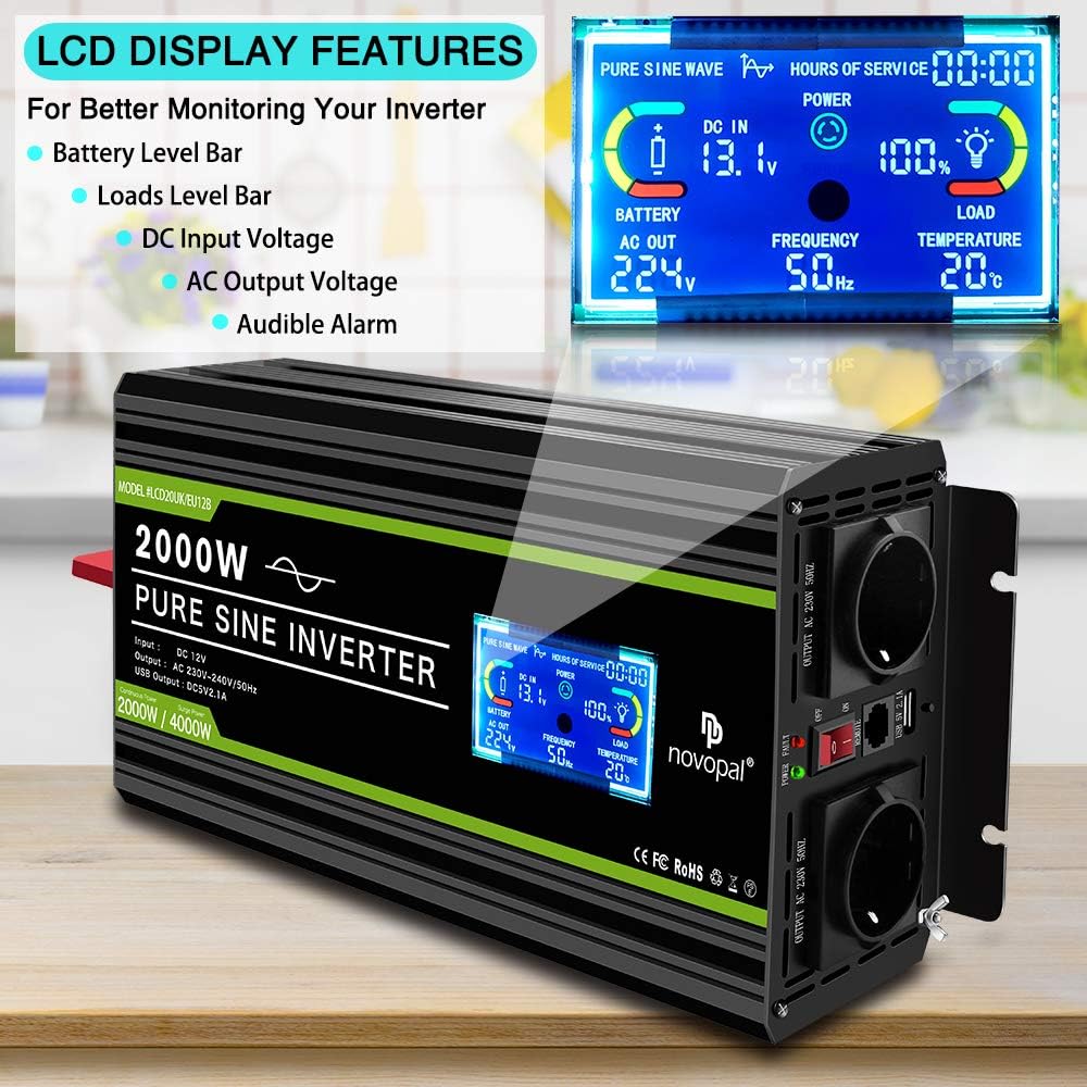 Novopal 2000W Pure Sine Wave Inverter 12V to 230V 240V Car Converter Power Inverter with LCD Display 2AC Outlets and USB Port,Remote Control for Motorhomes,Truck,Boat,Camping,Household,Van - Image 5