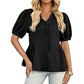 Cicy Bell Womens Peplum Puff Sleeve Tops Dressy Casual Summer Textured Blouses V Neck Ruffle Pleated Shirts