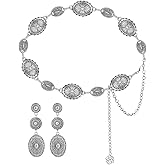 Mikovivi Western Concho Belt and Cowgirl Earrings Set, Silver Exquisite Vintage Oval Elements Waist Chain Dangle Earrings Boho Jewelry Gift for Women Country Concert Outfit
