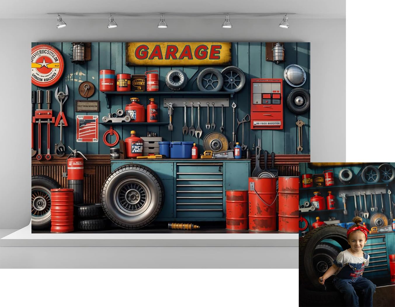 Photo 1 of Kate 7x5ft Garage Car Repair Backdrops for Photography Mechanic Tool Room Booth Background Baby Kids Boys Birthday Party Decoration Photo Studio Backdrop