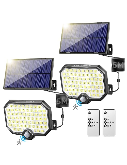TECKNET Solar Security Lights Outdoor 2 Pack, 252 LED Pir Solar Lights Outdoor Motion Sensor with 3 Lighting Modes & Remote Control, IP65 Waterproof Split Flood Light for Garden Front Door Yard