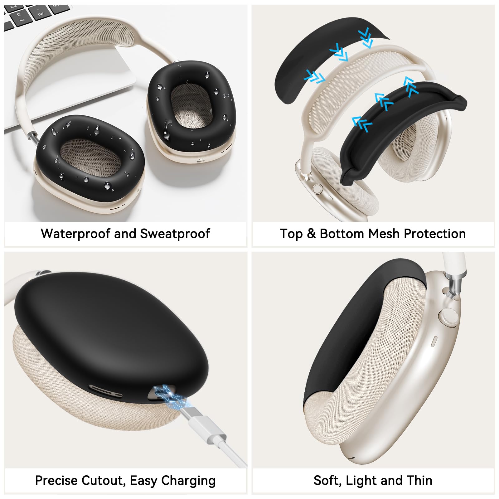 Silicone Case Cover for AirPods Max Headphones with Ear Pad & Cups | Headband Cover | Compatible with USB-C/Lightning (2024/2020) | Accessories Protector | Black