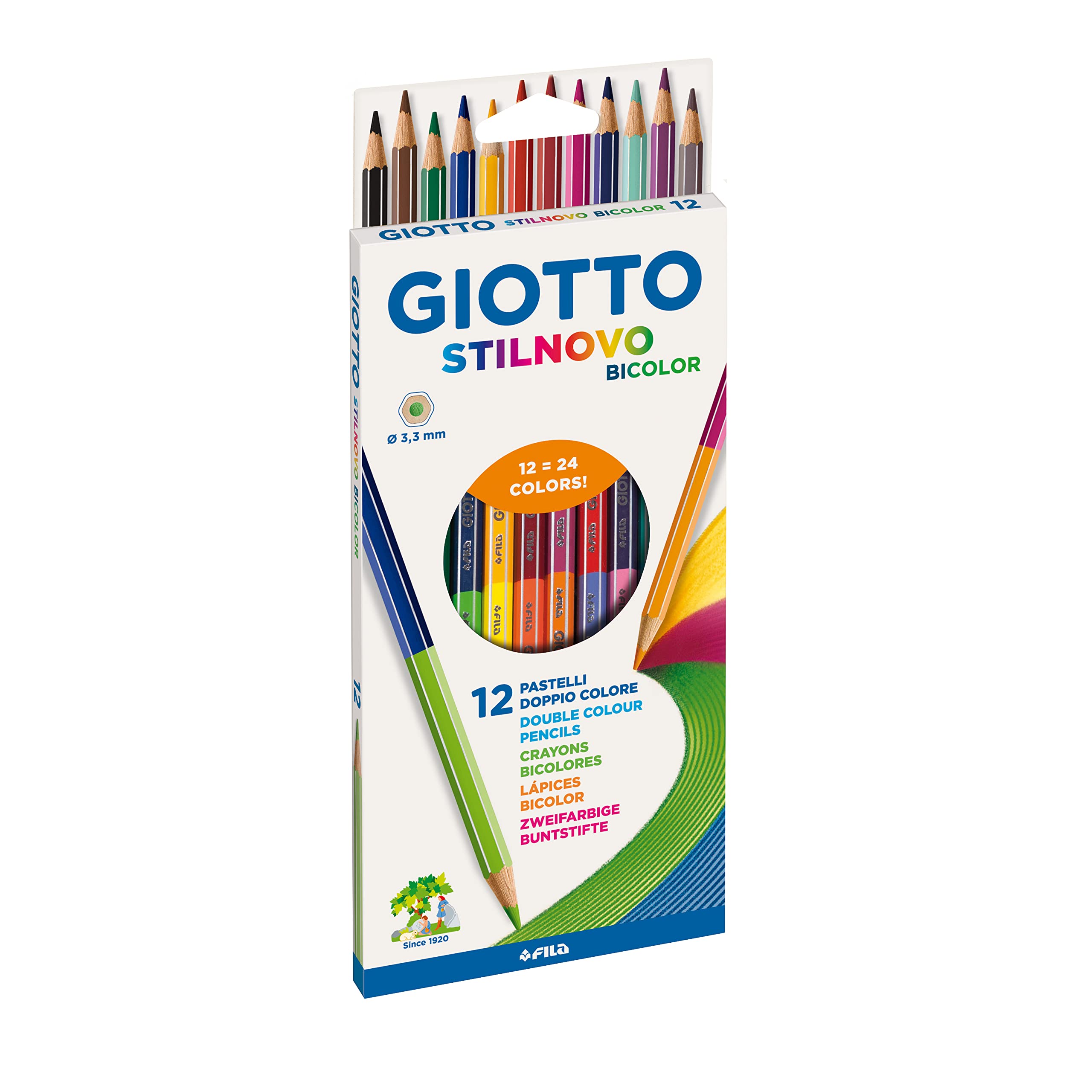GIOTTO Stilnovo Bicolor, Double Colour Pencils, 12 Assorted Colours, For Children, Parties and Schools