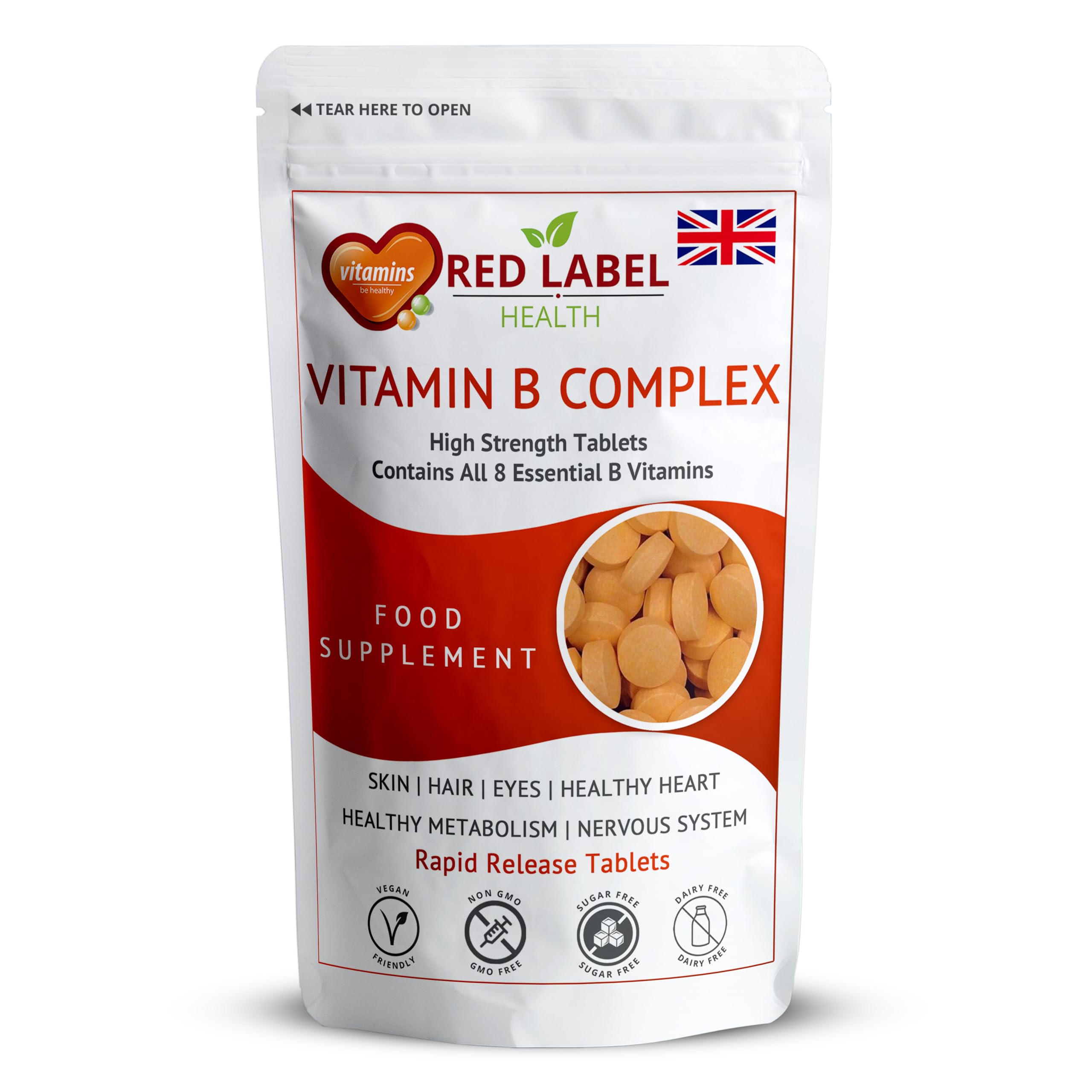 Red Label Health Vitamin B Complex High Strength 360 Tablets (1 Year Supply) - B1, B2, B3, B5, B6, B12, Biotin & Folic Acid for Men & Women, Vegan & Vegetarian-Friendly