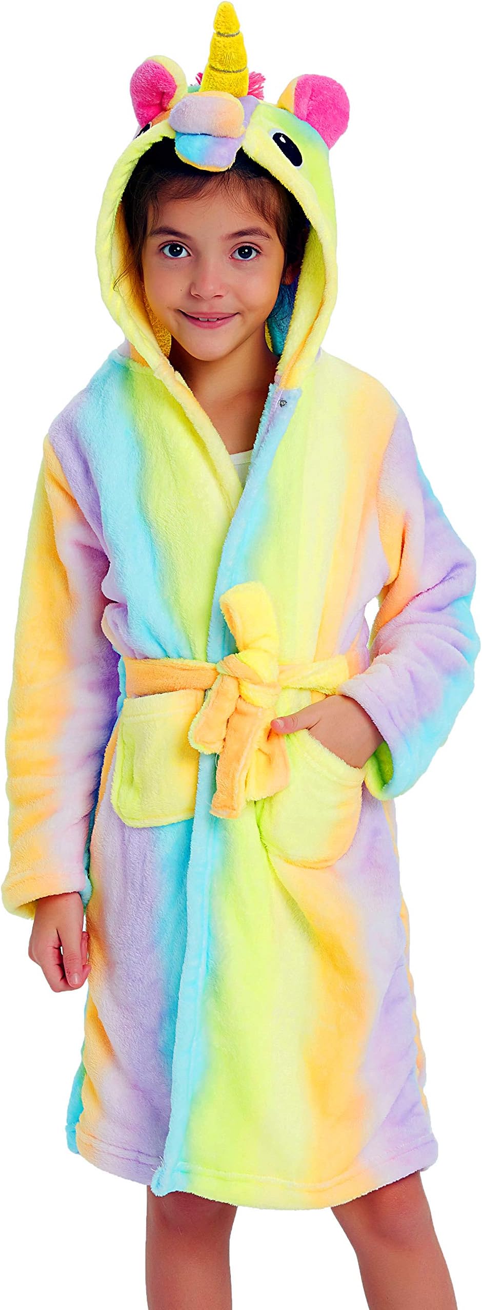 Girls Boys Bathrobes,Plush Soft Cartoon Flannel Hooded Pocket Sleepwear for Kids