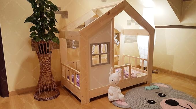 Oliveo HAUSBETT KINDERHAUS Bett für Kinder,Kinderbett Spielbett mit SICHERHEITSBARRIEREN (200 x 120 cm, Naturholz)