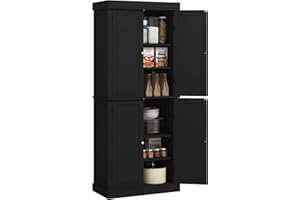 HOMCOM 72.5" Freestanding Kitchen Pantry Cabinet, Tall Storage Cabinet with 4 Doors and 2 Adjustable Shelves for Dining Room, Black Wood Grain