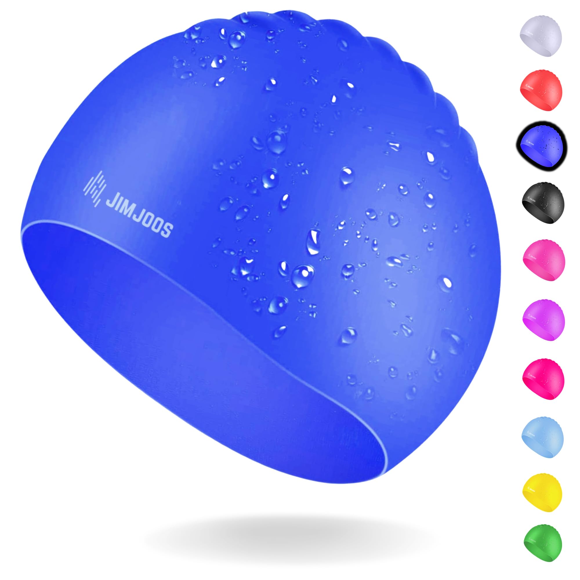 JIMJOOS Kids Swimming Cap 3–14 Years - Silicone Swim Cap for Boys & Girls - Anti-Slip, Stretchable, Waterproof Swimming Hat - Durable, Odour-Free Swim Hat with Protective Pouch (BLUE, 3-8 Years)
