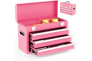 Gornoxblif 3 Drawer Metal Tool Box, Portable Metal Tool Box with EVC Liners and Latches Closure, Heavy Duty Steel Tool Chest with Ball Bearing Opening and Powder Coated Finish, Pink