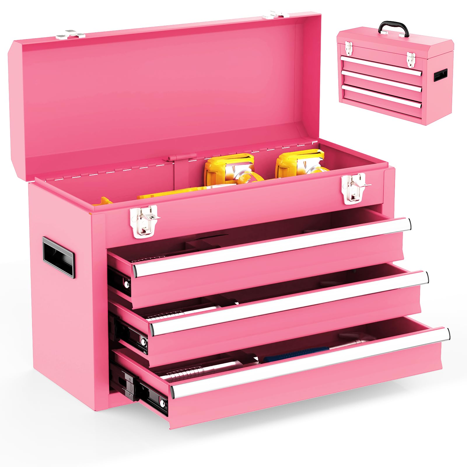 Photo 1 of Gornoxblif 3 Drawer Metal Tool Box, Portable Metal Tool Box with EVC Liners and Latches Closure, Heavy Duty Steel Tool Chest with Ball Bearing Opening and Powder Coated Finish, Pink