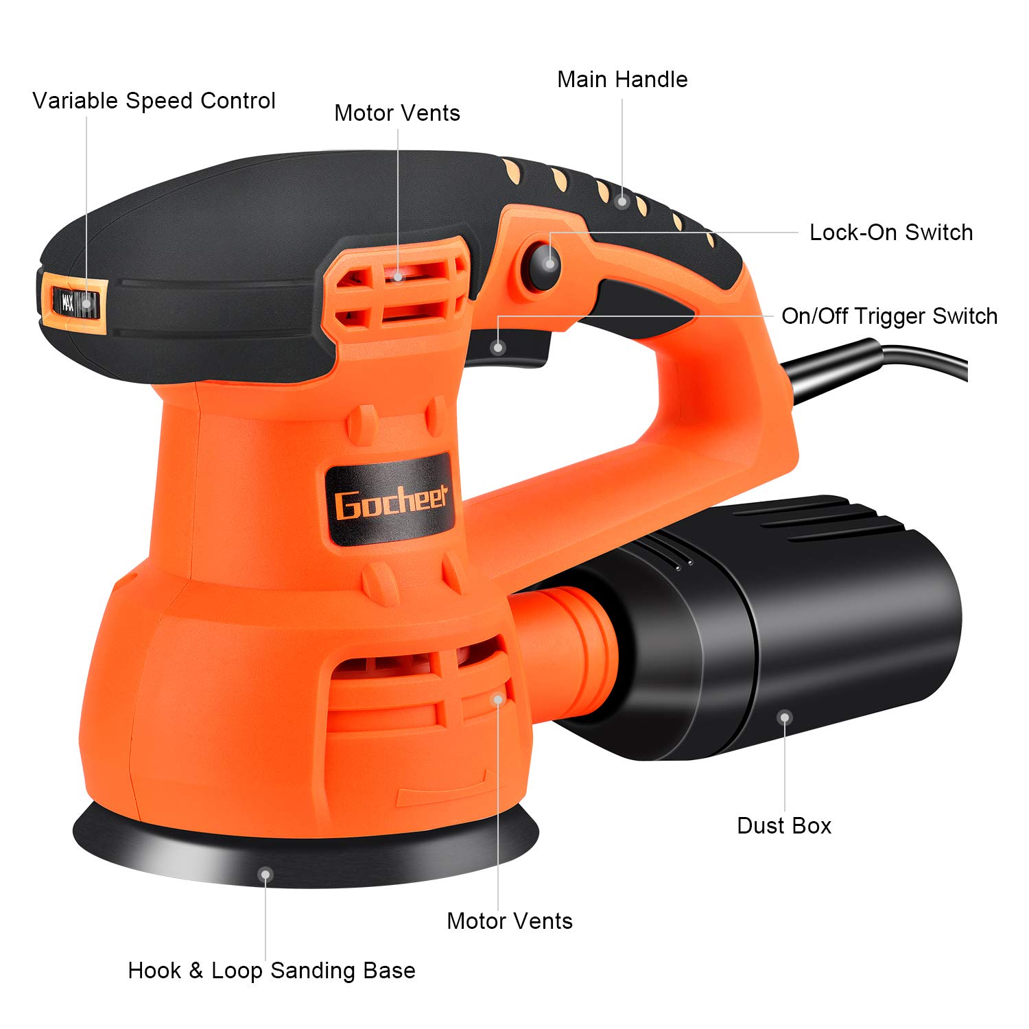 Exzenterschleifer, Gocheer Schleifmaschine 400W,6 Variable Speed,Ø125 mm,5000-13000 RPM Motor mit Reinigung und Staubsammelung System,Bequemer Griff,10 Stück Schleifpapier(3*80＃/ 3*120＃/ 4*240＃)