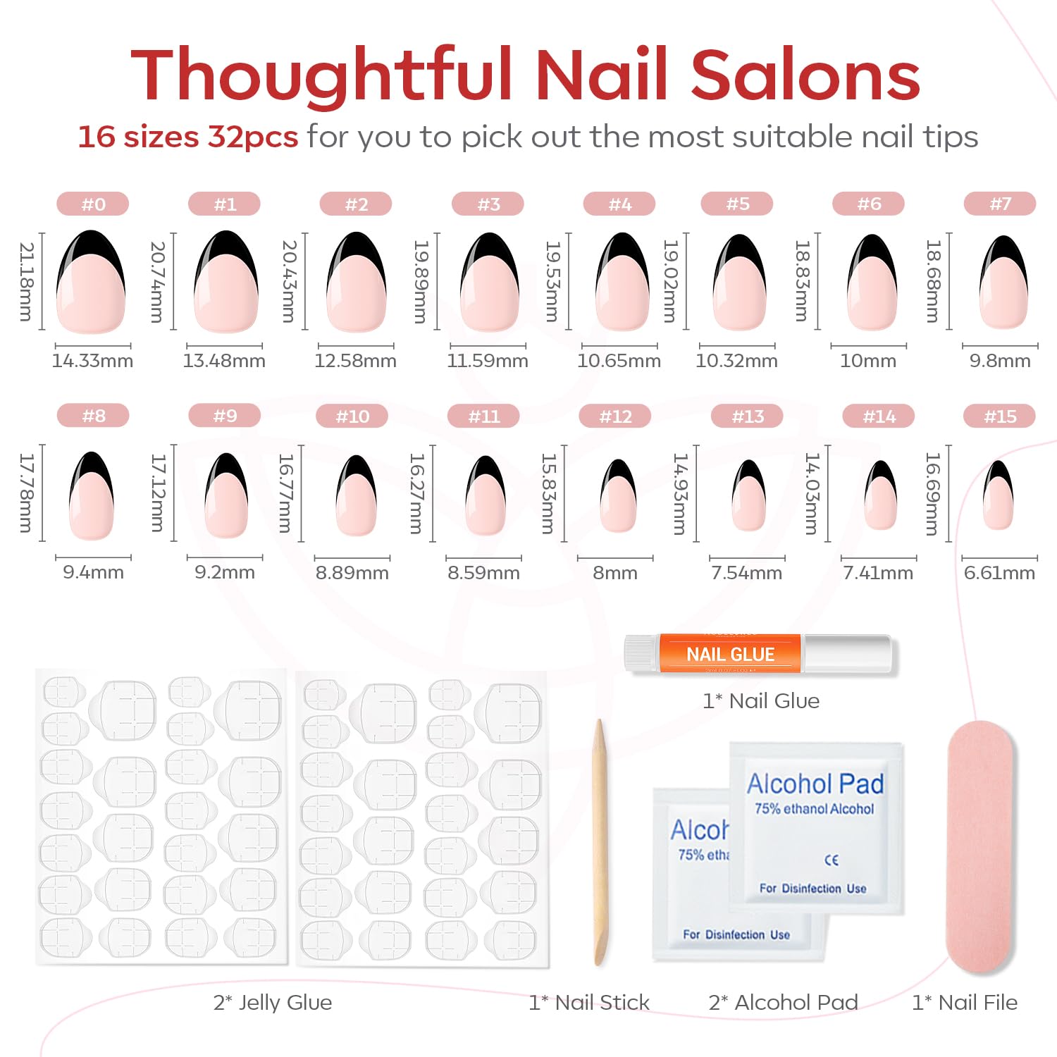 Modelones Black French Tip Press on Nails Almond, Short Almond Fake Nails, Reusable Nail Kit with Nail Glue Adhesive Tabs Mini Nail File, Nails Press Ons 32Pcs16 Sizes - Image 5