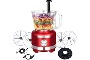 Homtone 16 Cup Food Processor, French-Fry-Cutter Food Processors, 9 Functions 7 Blades for Shredding, Slicing, Doughing, Emulsfying and Meat Vegetable Chopping for Home Use, 3 Speeds, 600W, Red