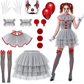 Beipegin Clown Costume for Women Scary Halloween Clown Costume Adults | Terrifier It Costume Clown Skirt Mesh Neck Collar Fur Balls Sock Gloves Hairclip Balloons Circus Halloween Costume Women