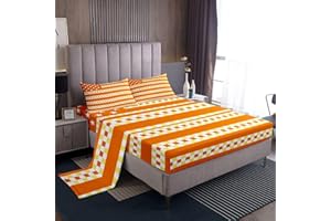 jejeloiu Checkered Bed Sheets Set Queen Size Stripes Plaid Bed Set Orange Yellow Deep Pocket Fitted Sheet American Flag Breat