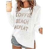 Women's Beach Cover Up Letter Print Long Sleeve Sweater Summer Tops | Crochet Tops Shirts Casual Crewneck Split Hem Pullover