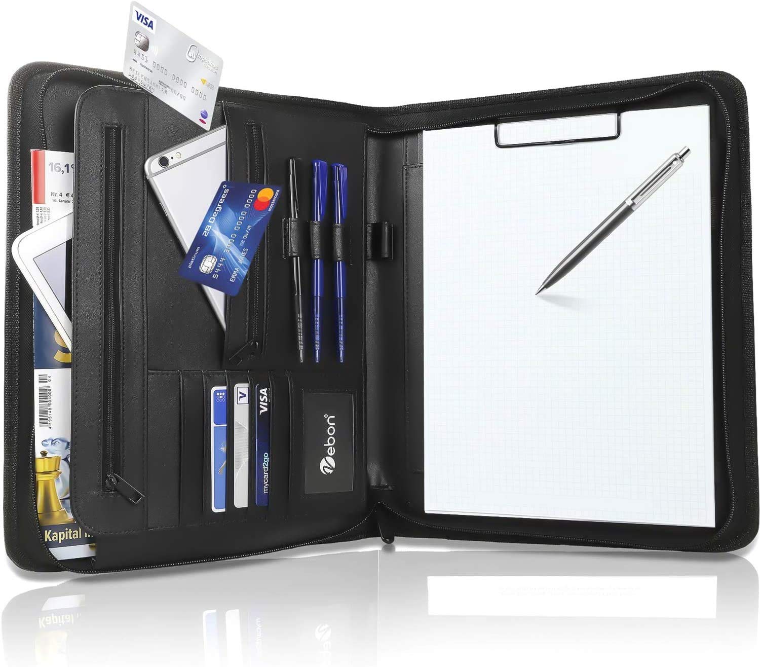 Vebon® “New York” A4 Writing Case | Vegan Leather, Zip + Clipboard | Document Folder + Laptop Bag | Extra Storage Space | Black
