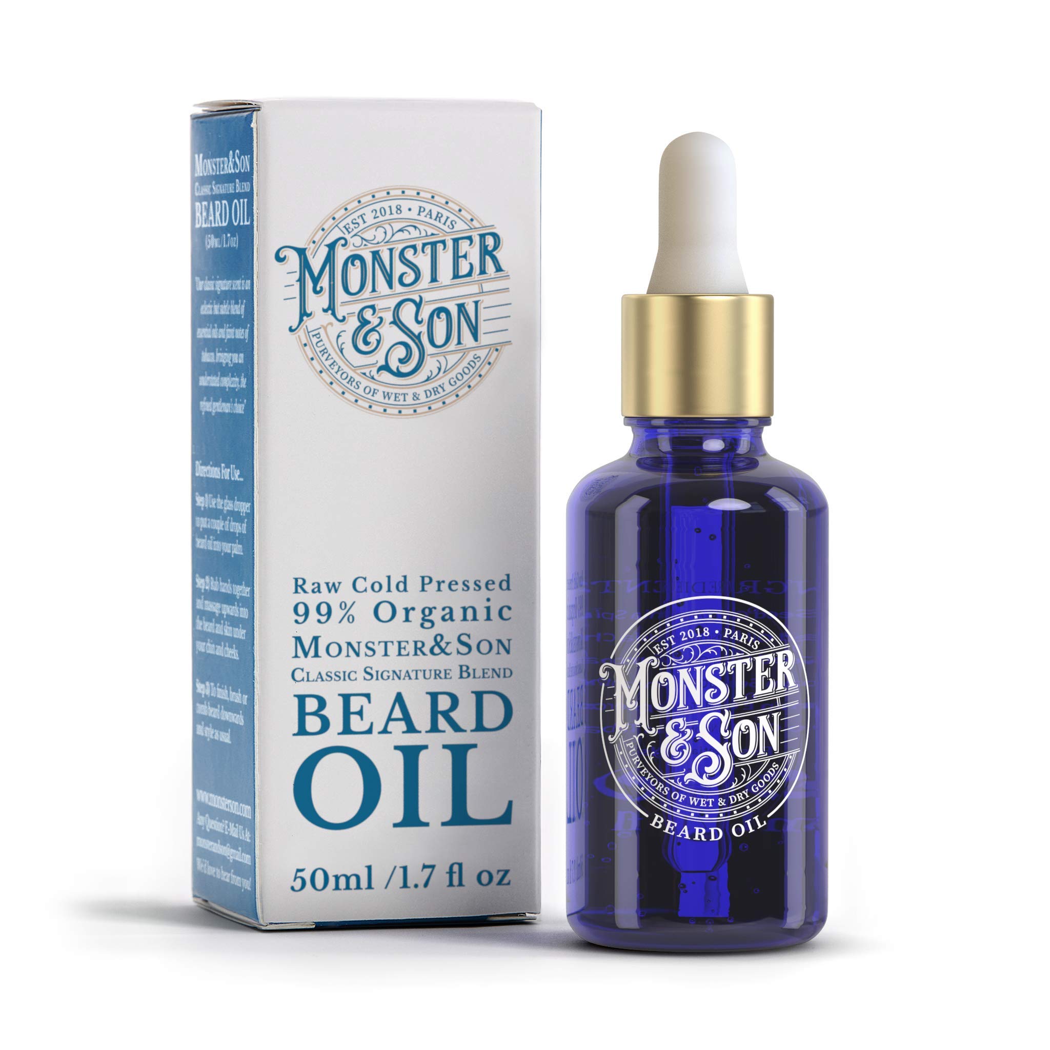 Monster&Son Classic Signature Blend Raw Cold Pressed Organic Beard Oil 50ml - Helps to Hydrate, Style and Promote New Hair Growth - Rich in Vitamins & Minerals - Jojoba, Argan & Meadowfoam Oils