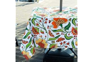 ColorBird Botanical Print Outdoor Tablecloth Water Resistant Spillproof Polyester Fabric Table Cover with Zipper Umbrella Hole for Patio Garden Tabletop Decor (Square, 60" x 60", Zippered, Red Flower)