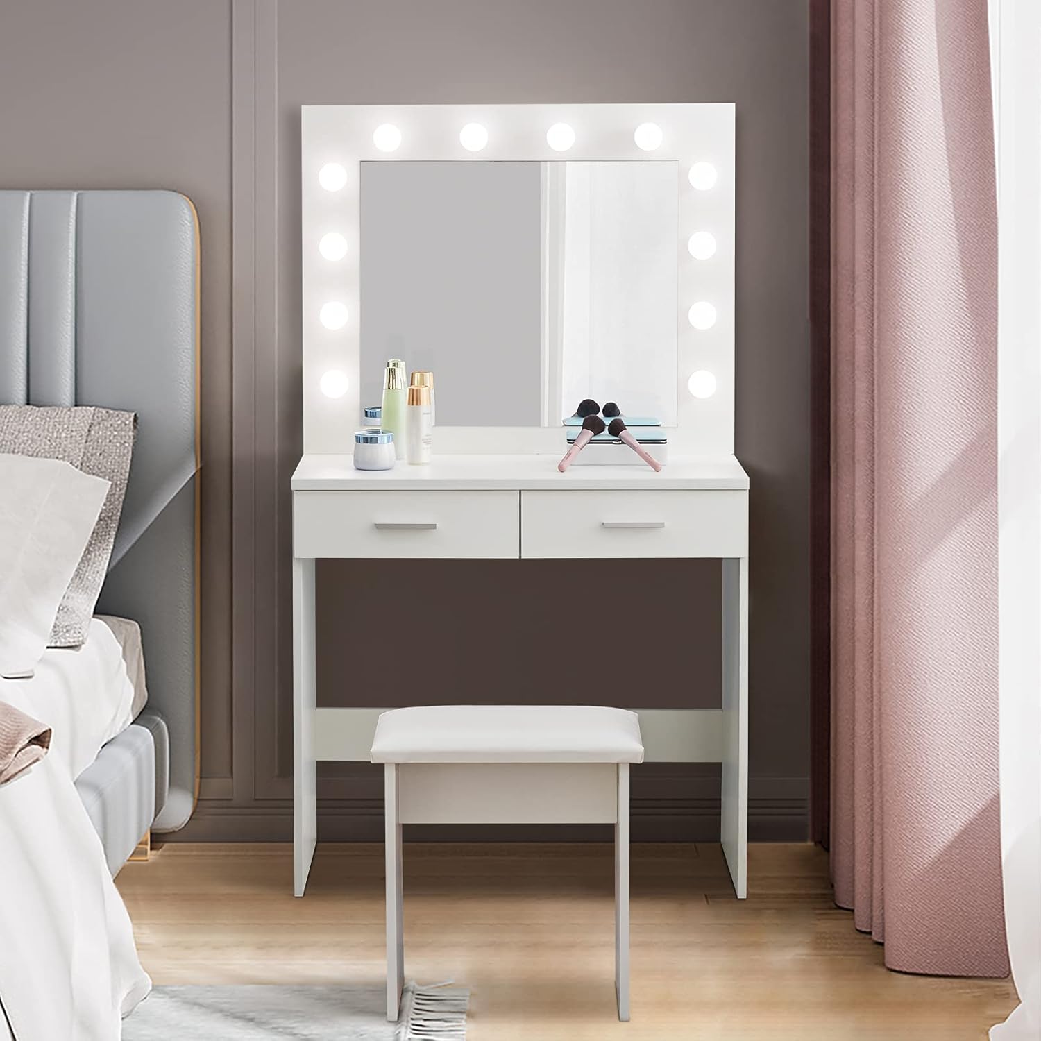 Clipop Dressing Table With Hollywood Led Bulbs Mirror Makeup Vanity Table Stool Set With 2 Storage Drawer For Women Girl Dresser Bedroom Furniture Amazoncouk Home Kitchen