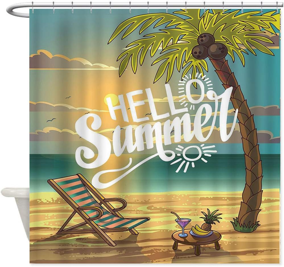 Fabuyale Hello Textured Shower Curtain, Seashore with Palm
