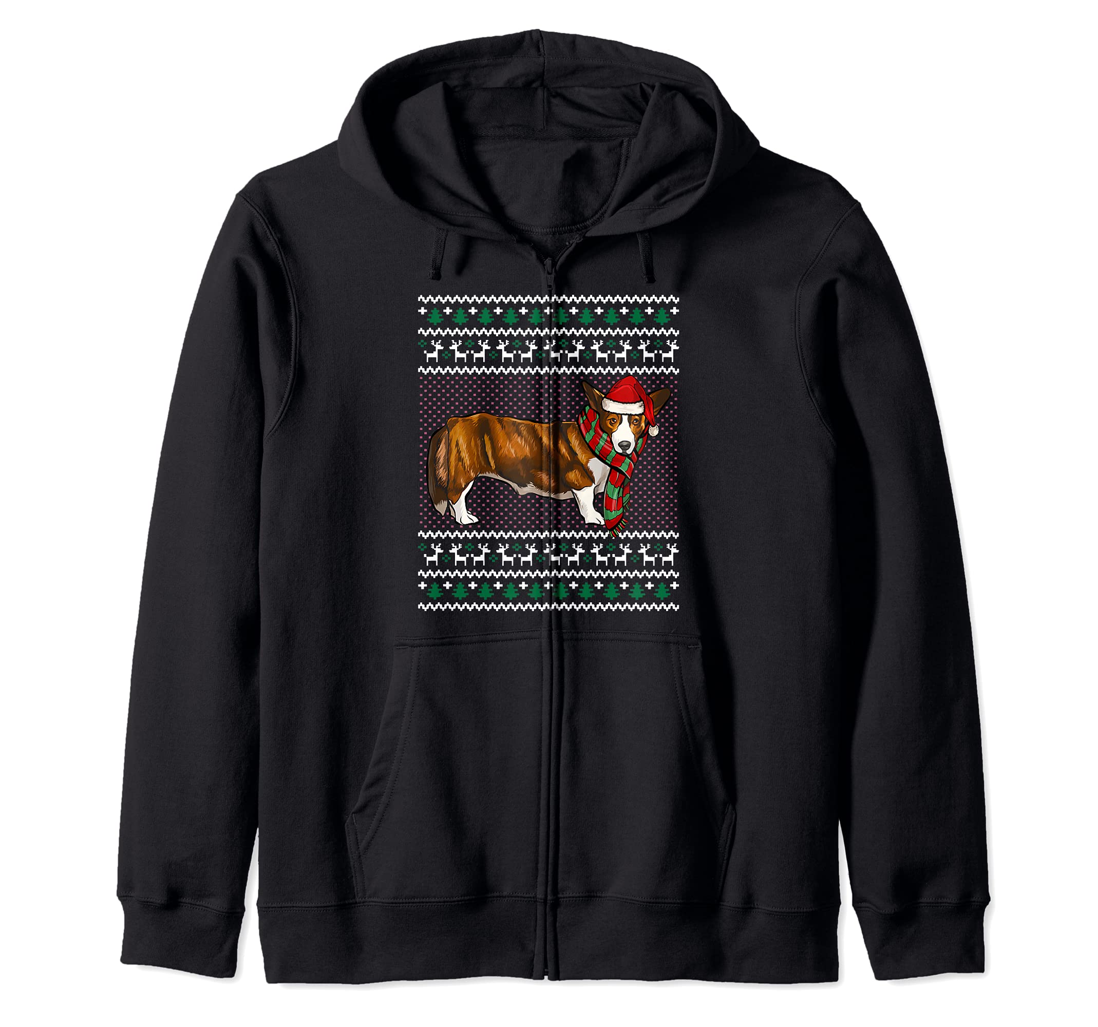 Xmas Cardigan Welsh Corgi Dog Santa Hat Ugly Christmas Zip Hoodie