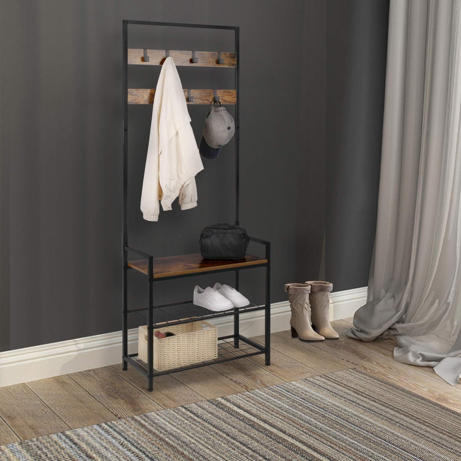 HOMEKOKO Coat Rack Shoe Bench, Hall Tree Entryway Storage Bench, Wood Look Accent Furniture with Metal Frame, 3-in-1 Design (Rustic Brown): Home & Kitchen