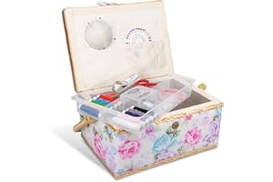 Navaris Sewing Box with Accessories - Sew Basket with Organizer Tray Compartments 9.7" x 6.9" x 4.9" - Includes 76 Piece Kit - Rose Print