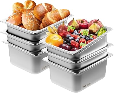Bac Gastronorme GN 1/2 Lot de 6, Récipient Inox pour Bain-marie 0,8 mm d'Épaisseur, Bac Inox Alimentaire 14,8 cm Profondeur, pour Fours à Convection, Réfrigérateurs, Stockage, Restauration