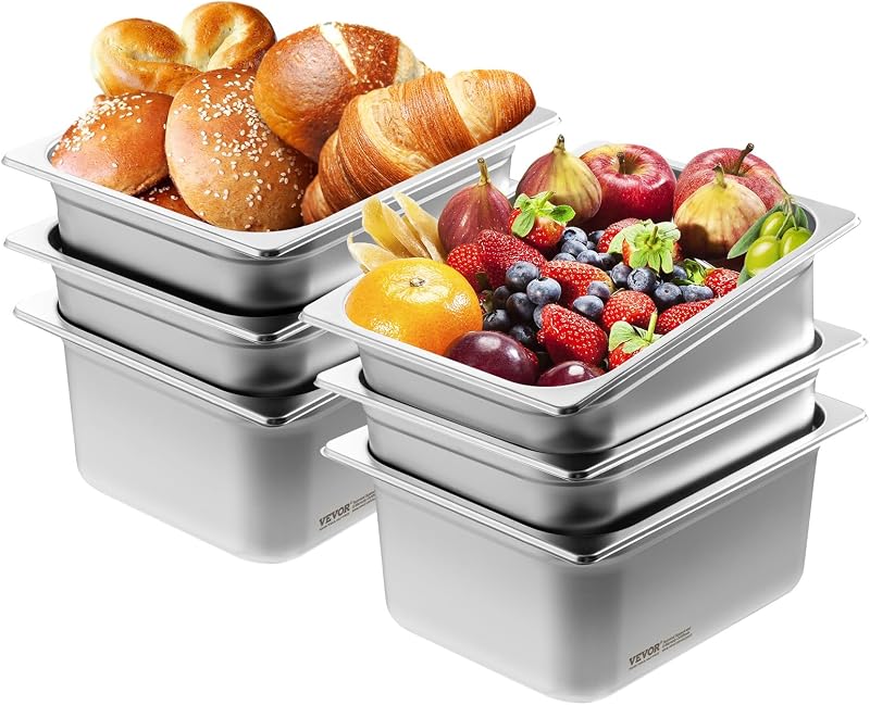 Bac Gastronorme GN 1/2 Lot de 6, Récipient Inox pour Bain-marie 0,8 mm d'Épaisseur, Bac Inox Alimentaire 14,8 cm Profondeur, pour Fours à Convection, Réfrigérateurs, Stockage, Restauration