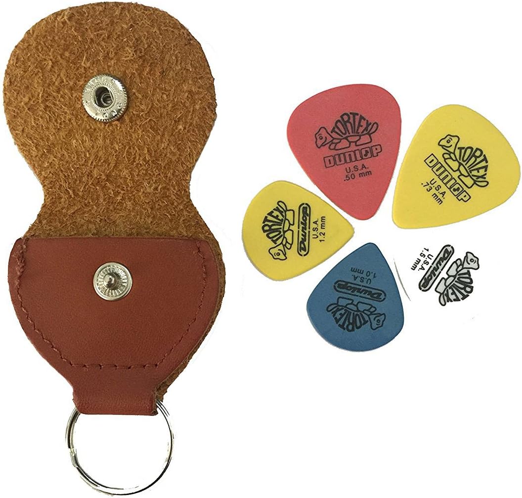 Veriya Faux Leather Keychain Guitar Pick Plectrum Holder + 5 Pcs Guitar Picks 0.5mm / 0.73mm / 1mm / 1.2mm / 1.5mm (Brown)