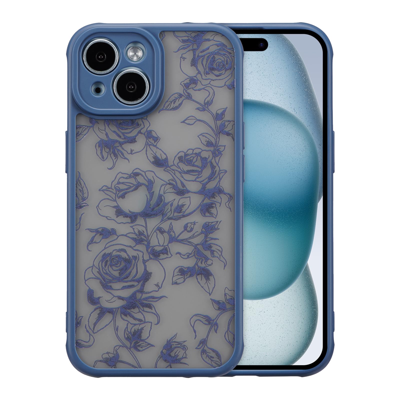 XIZYO for iPhone 14 Case, Floral Flower Cute Aesthetic Case for Women Girls Rose Pattern Slim TPU Bumper Shockproof Protective Cover for iPhone 14 6.1 Inch, Branch Rose/Deep Blue