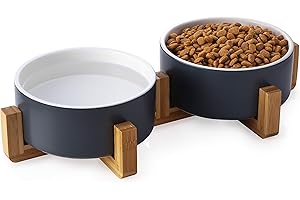 Y YHY Ceramic Pet Feeder, 24oz Dog & Cat Bowls with Wooden Stand, Modern Double Bowls Set - Dishwasher Safe