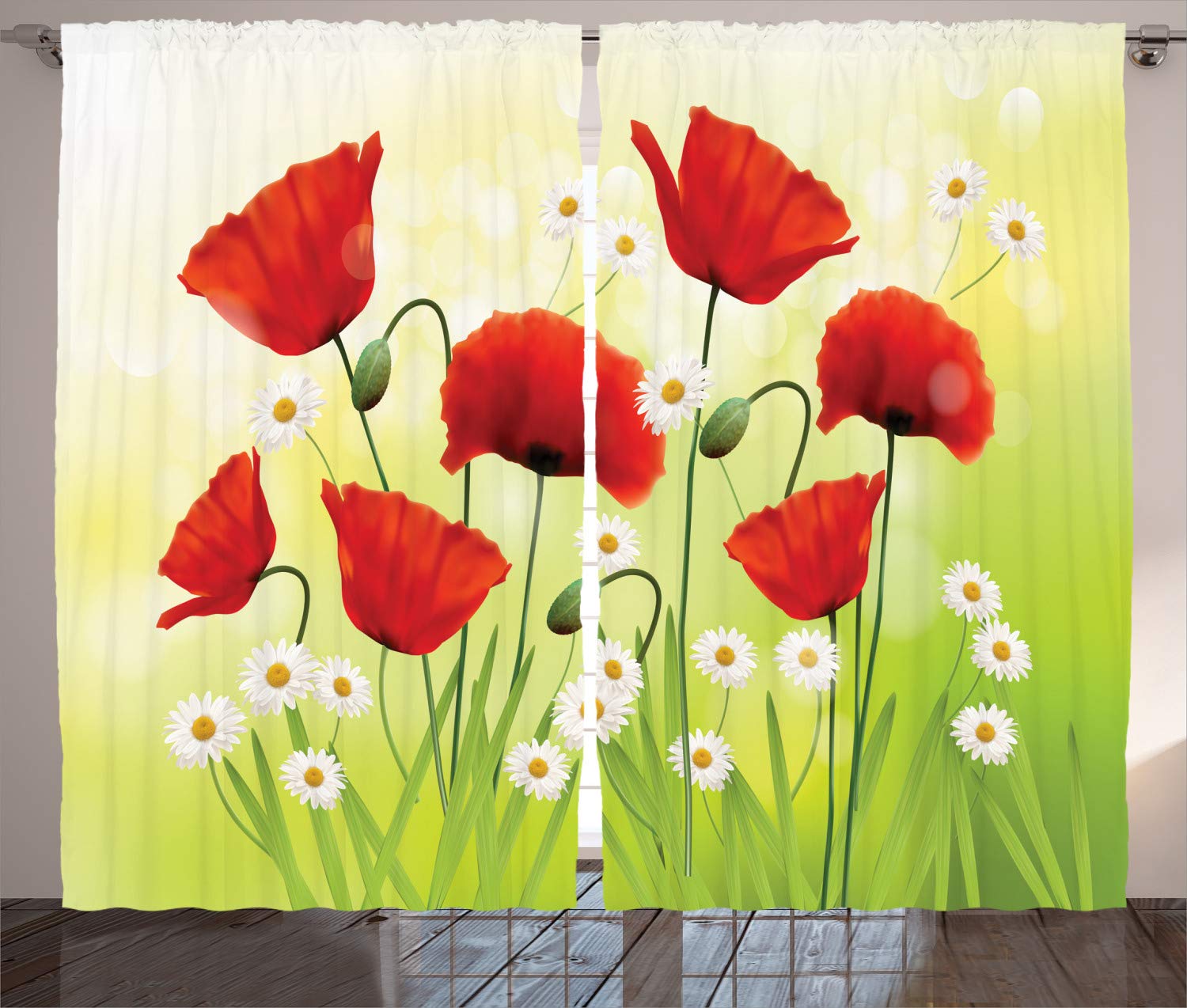 ABAKUHAUS Poppy Curtains, Spring Environment with Poppies and Daisies on Grass Flourishing Nature Illustration, Living Room Bedroom Window Drapes 2 Panel Set, 280 x 245 cm, Green Red — image 1