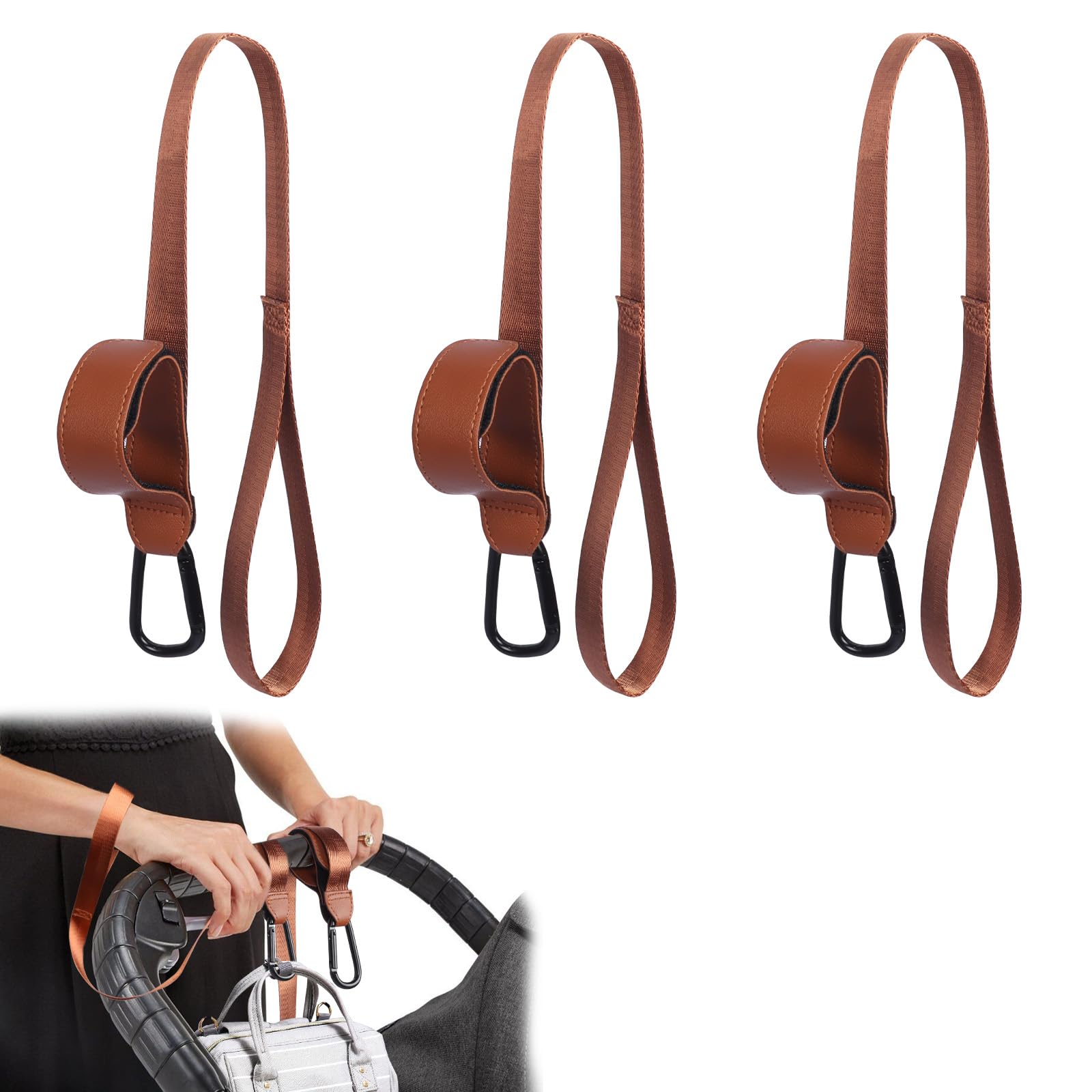 Kaket Leather Pushchair Hooks 3PCS, Buggy Clips for Handbags, Stroller Hook Clips with Anti-Slip Rope (Brown)