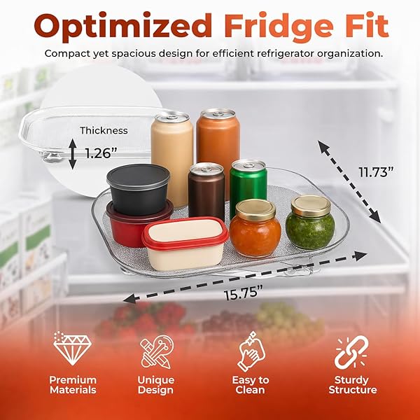 OIZEIR REFRIGERATOR LAZY SUSAN TURNTABLE – CLEAR RECTANGULAR FRIDGE ORGANIZER WITH SUCTION CUPS, 360° ROTATING TRAY FOR SIDE-BY-SIDE REFRIGERATORS, CABINET & PANTRY ORGANIZATION